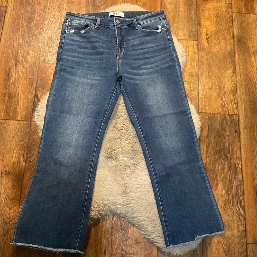 Mica Denim Jeans Size 32 Medium Blue Raw Hem Crop Mid Rise Bootcut Womens